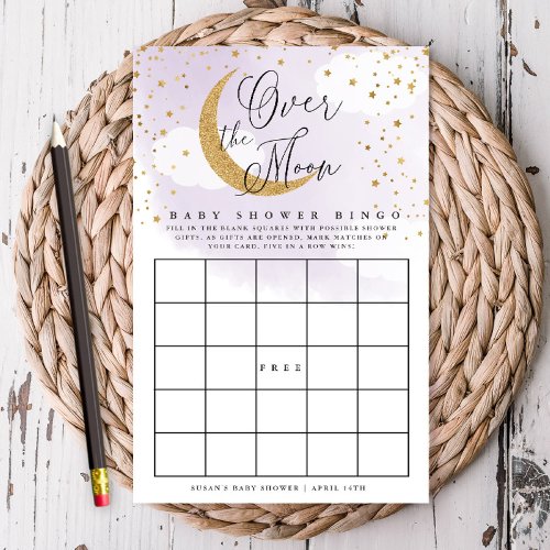 Over the Moon Purple  Gold Baby Paper Bingo Card