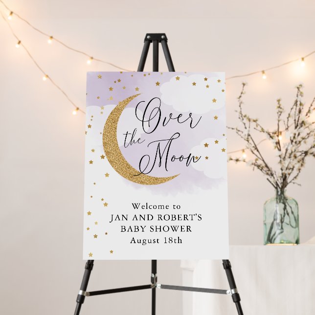 Over the Moon Purple Gold Baby Shower Welcome Foam Board (In Situ (Stand))