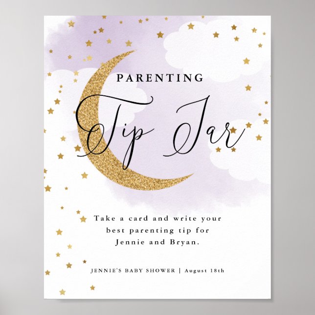 Over the Moon Purple Parenting Tips Baby Shower Poster (Front)