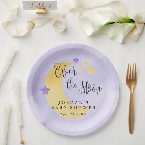 Over the Moon Purple Personalized Baby Shower Paper Plates