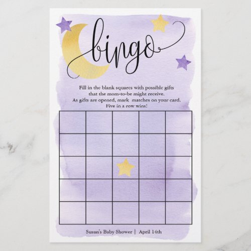 Over The Moon Purple Stars Bingo Paper Game Card
