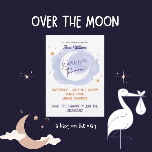 Over The Moon Purple Watercolor Baby Shower Invitation