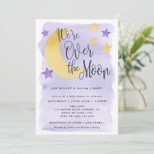 Over the Moon Purple Watercolor Baby Shower Invitation