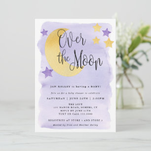 Over the Moon, Purple Watercolor Baby Shower Invitation