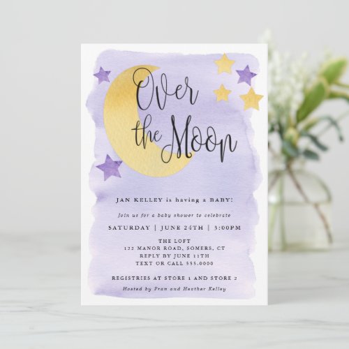 Over the Moon Purple Watercolor Baby Shower Invitation