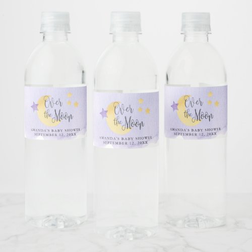 Over the Moon Purple Watercolor Baby Shower Water Bottle Label