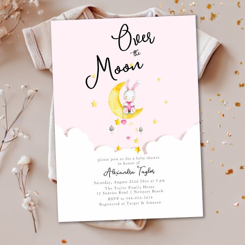 Over the Moon Rabbit Pink Heart Girl Baby Shower Invitation