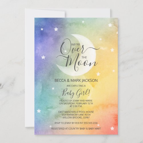Over The Moon Rainbow Watercolor Baby Shower Invitation