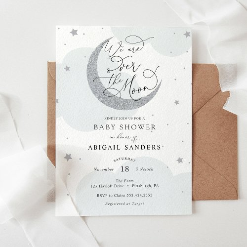 Over the Moon Silver Blue Baby Shower invitation