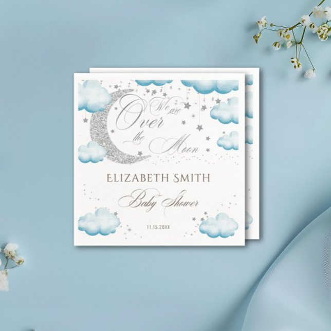 Over the Moon Silver Blue Boy Baby Shower Glitter Napkins (Creator Uploaded)