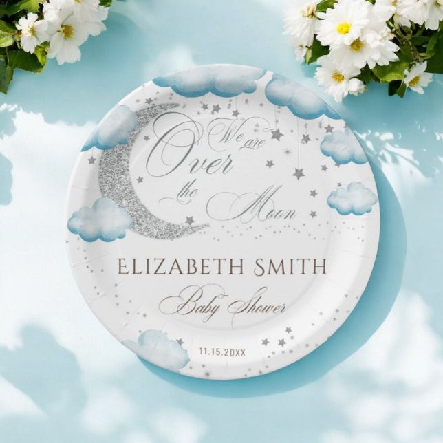 Over the Moon Silver Blue Boy  Baby Shower Paper Plates (Creator Uploaded)