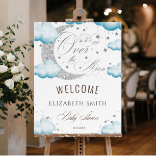 Over the Moon Silver Blue Boy Baby Shower Welcome Foam Board