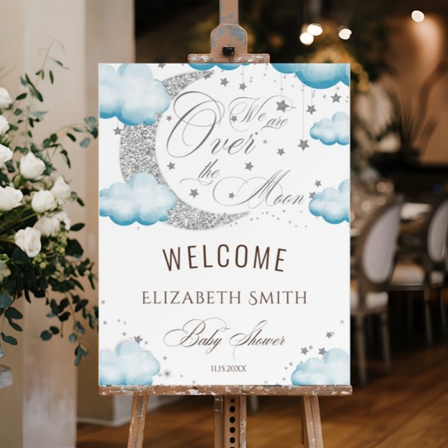 Over the Moon Silver Blue Boy Baby Shower Welcome Foam Board (Creator Uploaded)