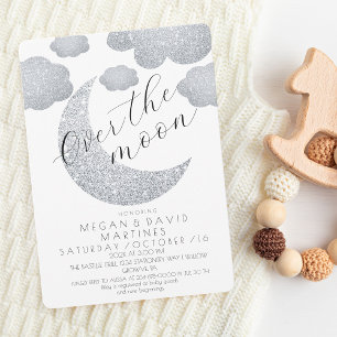 Over the Moon silver glitter Baby Shower Invitation