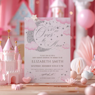 Over the Moon Silver Pink Baby Shower Invitation
