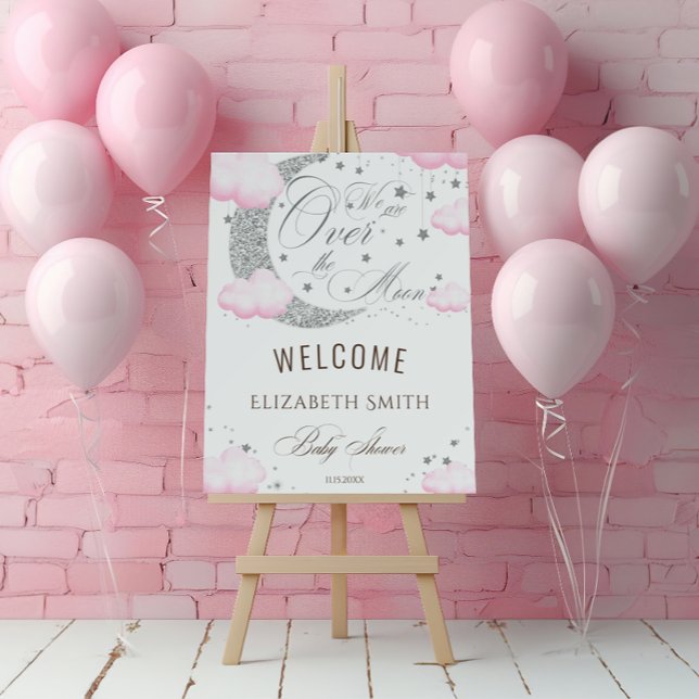 Over the Moon Silver Pink Baby Shower Welcome Foam Board (Creator Uploaded)