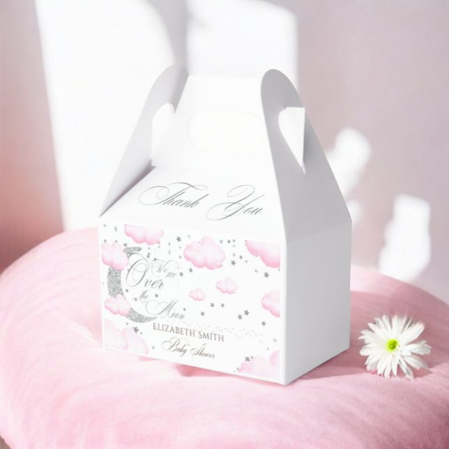 Over the Moon Silver Pink Girl Baby Shower Favor Boxes (Creator Uploaded)