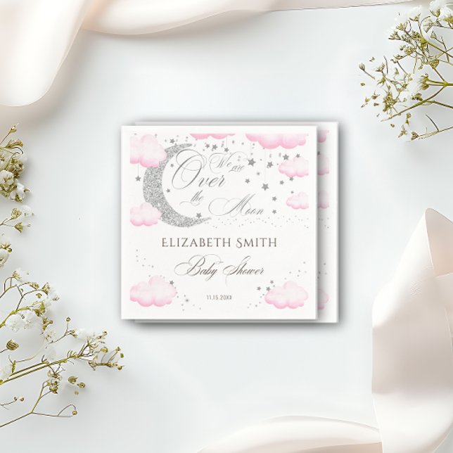 Over the Moon Silver Pink Girl Baby Shower Napkins (Creator Uploaded)