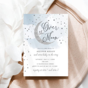 Over the Moon Silver Stars Blue Baby Shower Invitation