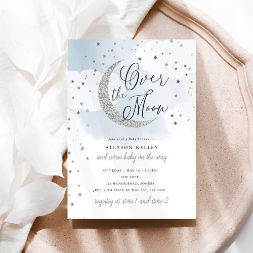 Over the Moon Silver Stars Blue Baby Shower Invitation