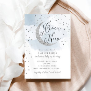 Over the Moon Silver Stars Blue Baby Shower Invitation