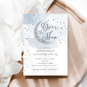 Over the Moon Silver Stars Blue Baby Shower Invitation