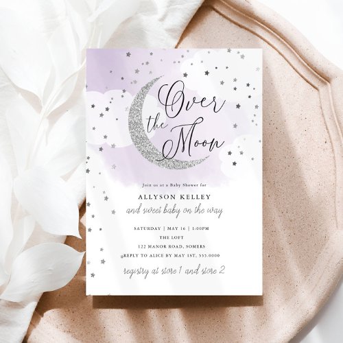 Over the Moon Silver Stars Purple Baby Shower Invitation