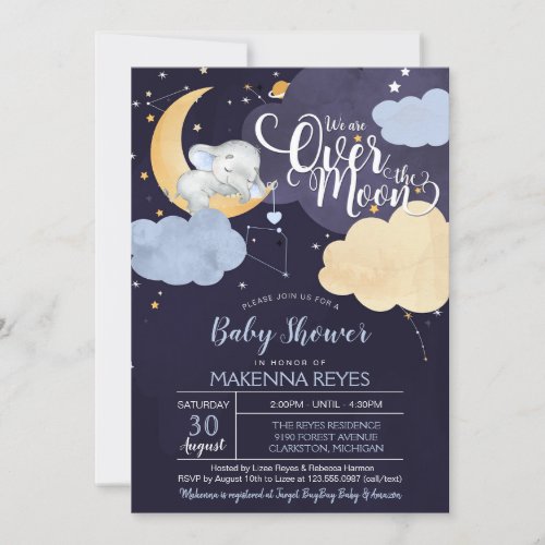Over The Moon Sleeping Elephant Boy Baby Shower In Invitation