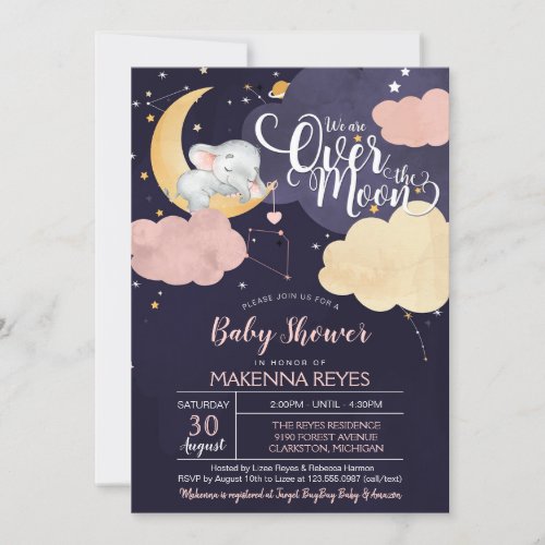 Over The Moon Sleeping Elephant Girl Baby Shower I Invitation