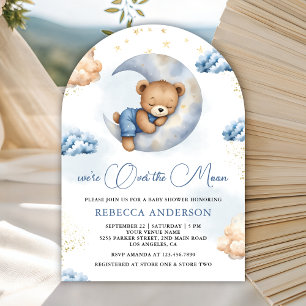 Over the Moon Sleeping Teddy Bear Blue Baby Shower Invitation
