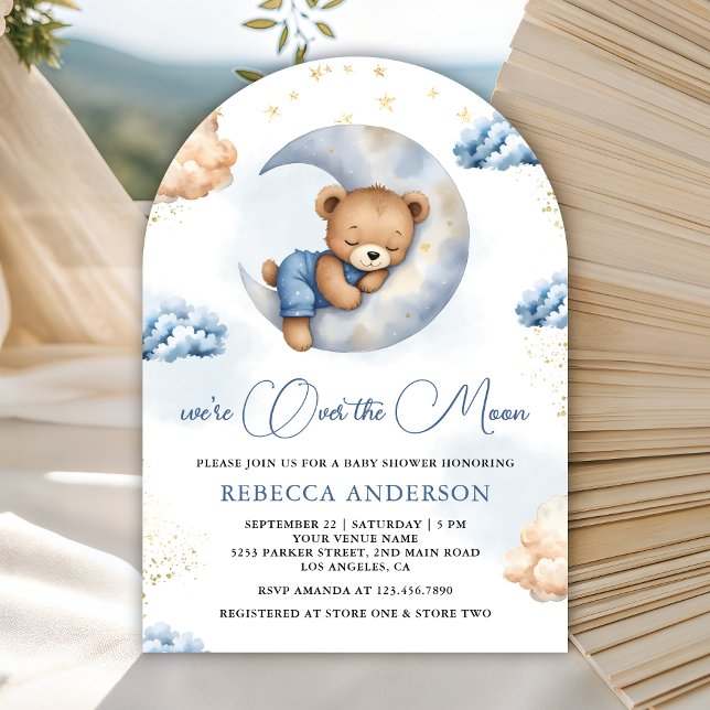 Over the Moon Sleeping Teddy Bear Blue Baby Shower Invitation (Creator Uploaded)