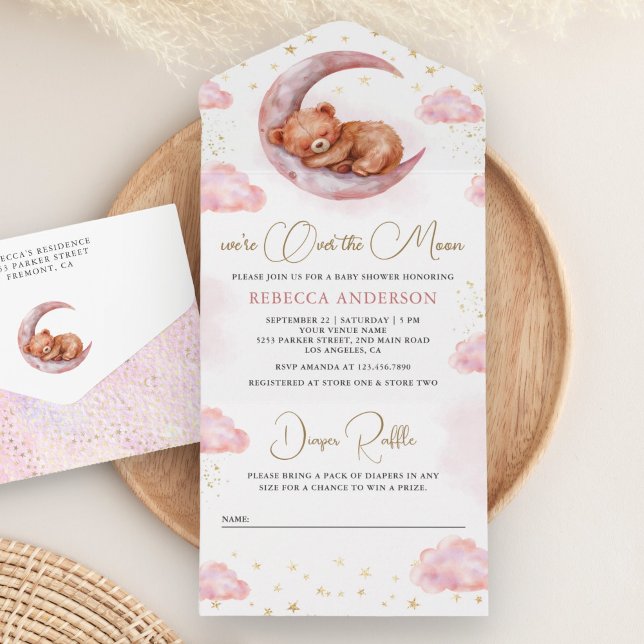Over the Moon Sleeping Teddy Bear Pink Baby Shower All In One Invitation (Creator Uploaded)