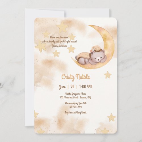 Over the Moon Sleepy Teddy Bear Baby Shower Invitation