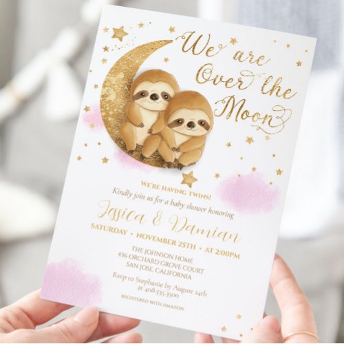 Over the Moon Sloth Girl Twins Pink Baby Shower Invitation
