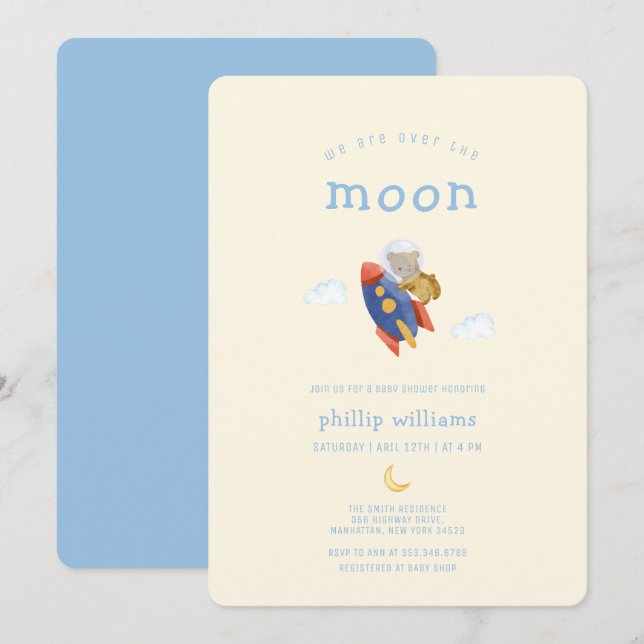 Over The Moon Spaceship Rocket Bear Baby Shower Invitation (Front/Back)