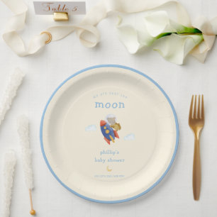 Over The Moon Spaceship Rocket Bear Baby Shower Paper Plates