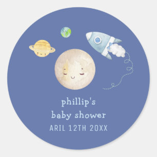 Over The Moon Spaceship Rocket Boy Baby Shower  Classic Round Sticker