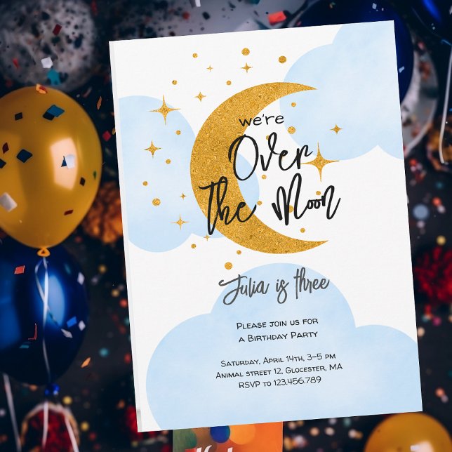 Over the moon sparkling moon kids Birthday Invitation (Creator Uploaded)