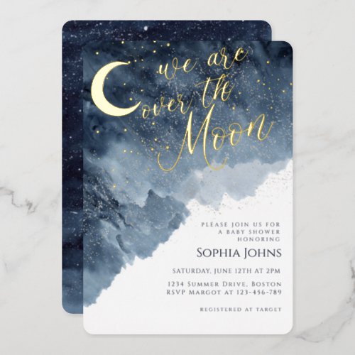 Over the moon Star Midnight Blue Baby Shower Foil Invitation
