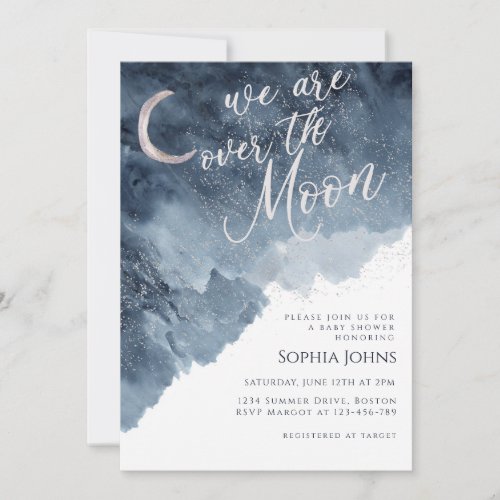 Over the moon Star Midnight Blue Baby Shower Invitation