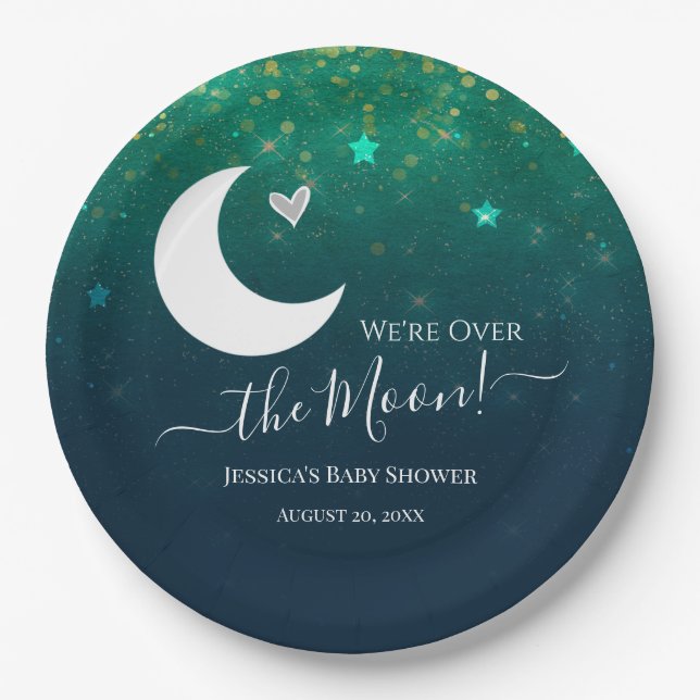 Over the Moon Star Sky Baby Shower Paper Plates (Front)