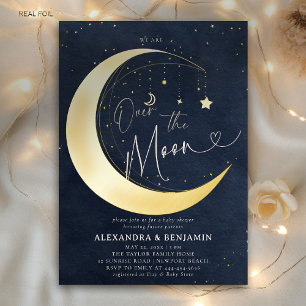 Over the Moon Starry Night Coed Baby Boy Shower Foil Invitation