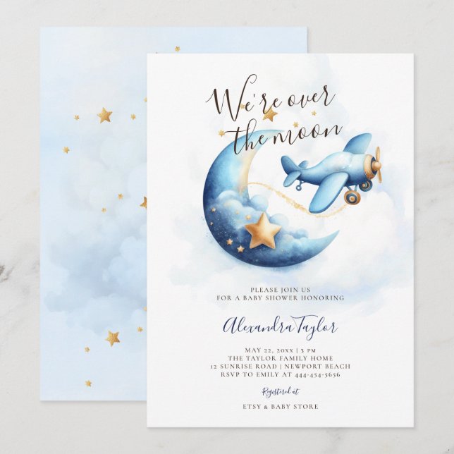 Over the Moon Stars Airplane Blue Baby Boy Shower Invitation (Front/Back)