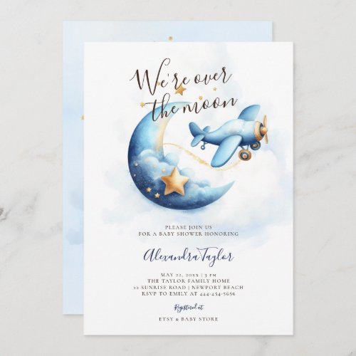 Over the Moon Stars Airplane Blue Baby Boy Shower Invitation