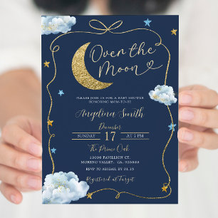 Over the Moon Stars Baby Shower Handdrawn With Bow Invitation