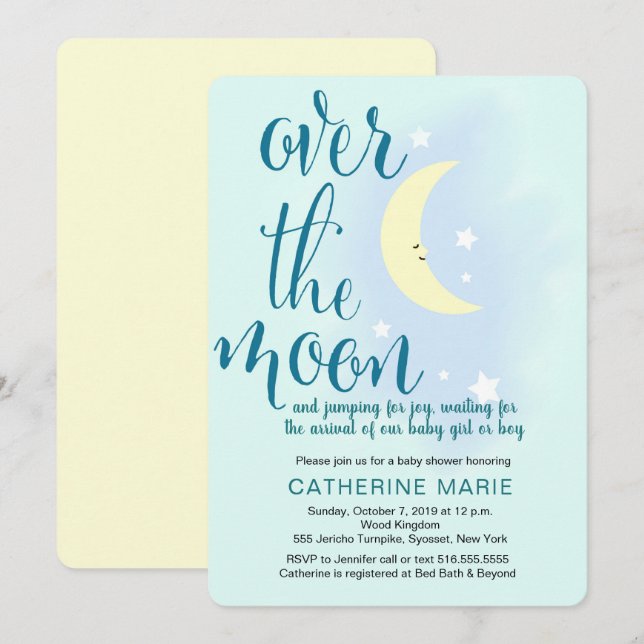 Over the moon, stars, baby shower invitations (Front/Back)