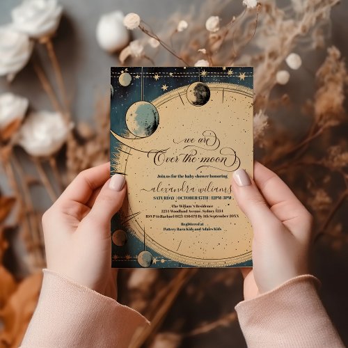 Over the Moon Stars Blue Baby Shower Invitation