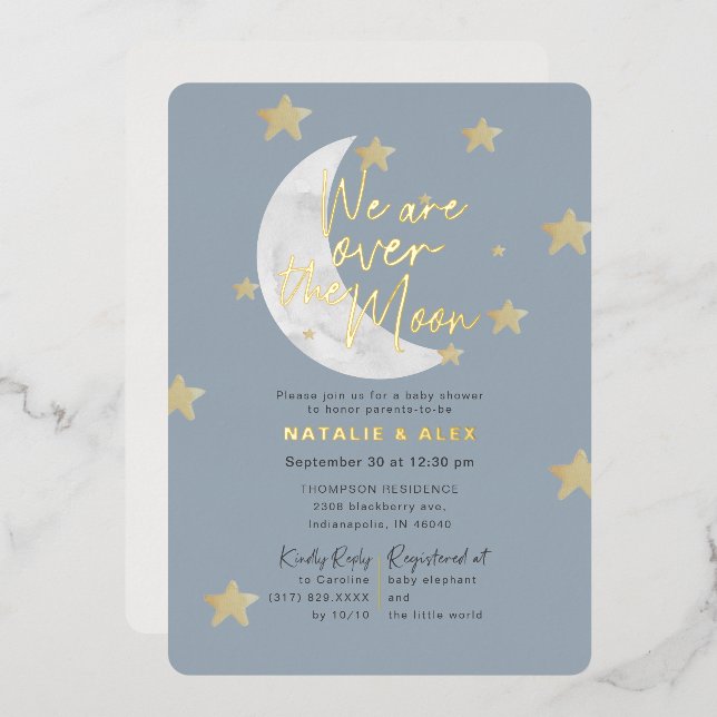 Over The Moon & Stars Boy Baby Shower Foil Invitation (Front/Back)