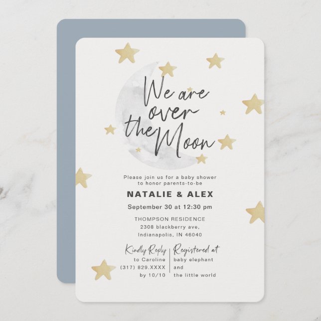 Over The Moon & Stars Boy Baby Shower Invitation (Front/Back)