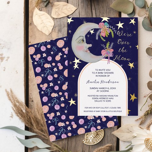 Over the Moon Stars Floral Navy Peach Baby Shower Foil Invitation